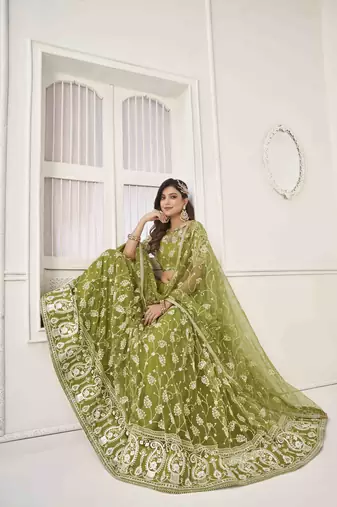 OLIVE GREEN NET WITH SEQUINS AND THREAD EMBROIDERY WORK SEMI-STITCHED LEHENGA & UNSTITCHED BLOUSE WITH DUPATTA