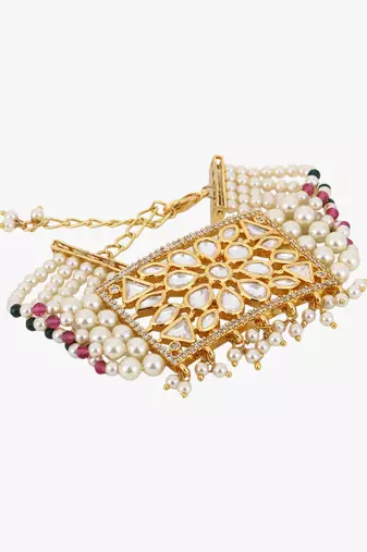 Women gold-toned & white brass cubic zirconia handcrafted gold-plated wraparound bracelet