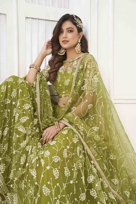 OLIVE GREEN NET WITH SEQUINS AND THREAD EMBROIDERY WORK SEMI-STITCHED LEHENGA & UNSTITCHED BLOUSE WITH DUPATTA 5