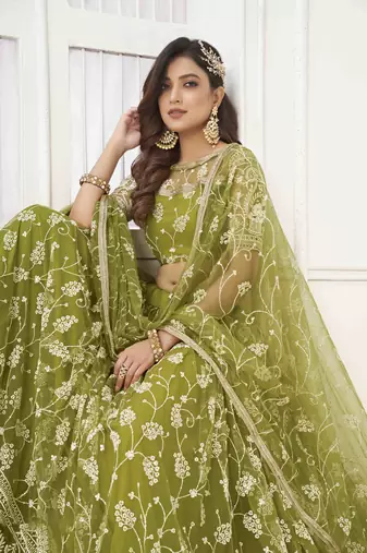 OLIVE GREEN NET WITH SEQUINS AND THREAD EMBROIDERY WORK SEMI-STITCHED LEHENGA & UNSTITCHED BLOUSE WITH DUPATTA