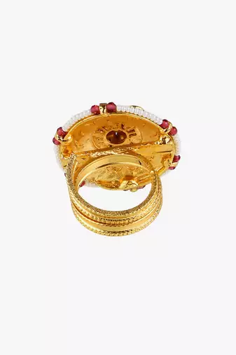 Women 24ct gold-plated kundan studded pearl-beaded handcrafted flower finger ring