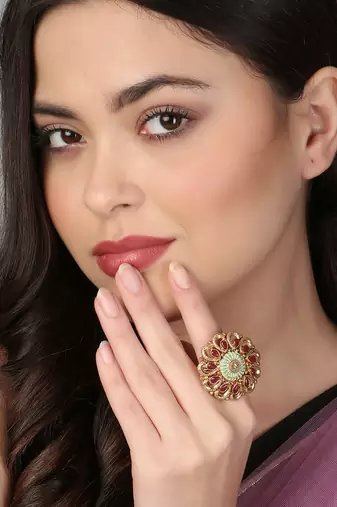 Women 24ct gold-plated stone-studded handcrafted finger ring