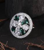 Women rhodium-plated green stone-studded finger ring