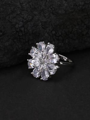 White rhodium-plated ad studded floral adjustable finger ring 1