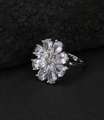 White rhodium-plated ad studded floral adjustable finger ring
