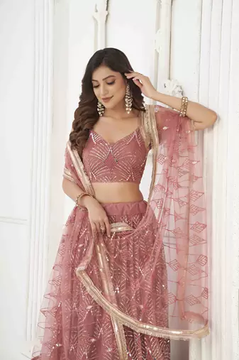 ONION PINK NET WITH SEQUINS AND THREAD EMBROIDERY WORK SEMI-STITCHED LEHENGA & UNSTITCHED BLOUSE WITH DUPATTA