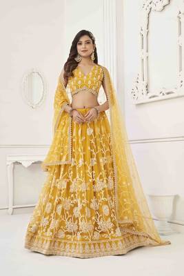 MUSTARD YELLOW NET WITH SEQUINS AND THREAD EMBROIDERY WORK SEMI-STITCHED LEHENGA & UNSTITCHED BLOUSE WITH DUPATTA 1