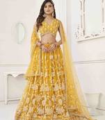 MUSTARD YELLOW NET WITH SEQUINS AND THREAD EMBROIDERY WORK SEMI-STITCHED LEHENGA & UNSTITCHED BLOUSE WITH DUPATTA