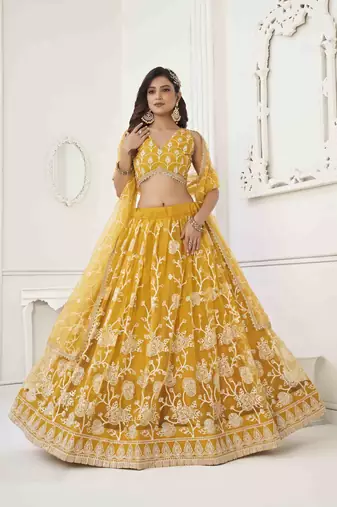 MUSTARD YELLOW NET WITH SEQUINS AND THREAD EMBROIDERY WORK SEMI-STITCHED LEHENGA & UNSTITCHED BLOUSE WITH DUPATTA