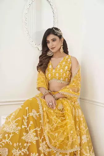 MUSTARD YELLOW NET WITH SEQUINS AND THREAD EMBROIDERY WORK SEMI-STITCHED LEHENGA & UNSTITCHED BLOUSE WITH DUPATTA