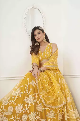 MUSTARD YELLOW NET WITH SEQUINS AND THREAD EMBROIDERY WORK SEMI-STITCHED LEHENGA & UNSTITCHED BLOUSE WITH DUPATTA