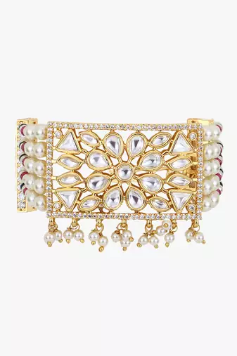 Women gold-toned & white brass cubic zirconia handcrafted gold-plated wraparound bracelet