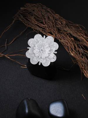 Rhodium-plated silver  cz flower adjustable ring 2