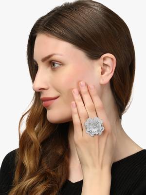 Rhodium-plated silver  cz flower adjustable ring 1