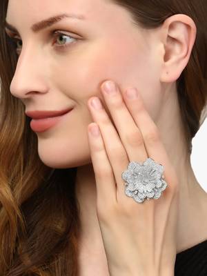 Rhodium-plated silver  cz flower adjustable ring 5
