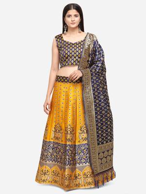 YELLOW COLOR NET WITH SEQUINS AND THREAD EMBROIDERY WORK SEMI-STITCHED LEHENGA & UNSTITCHED BLOUSE WITH DUPATTA 1