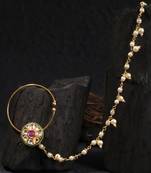 24 ct gold-plated red  kundan  with white pearls chained nose ring