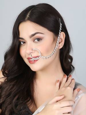 Rhodium plated american diamond nath with chain nose ring 2