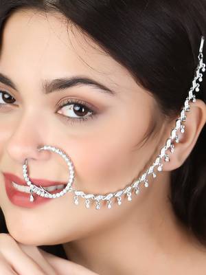 Rhodium plated american diamond nath with chain nose ring 3