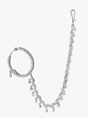 Rhodium plated american diamond nath with chain nose ring 4