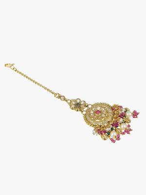 Women gold-plated stone-studded pearl temple maangtikka 2