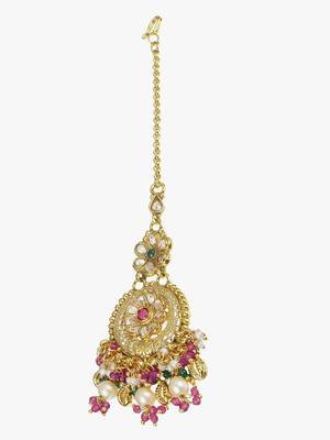 Women gold-plated stone-studded pearl temple maangtikka 3