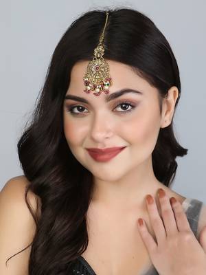 Women gold-plated stone-studded pearl temple maangtikka 6