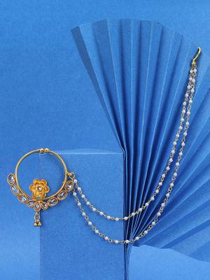 Women 24 ct gold-plated stone-studded with whit pearls chained nose ring 1