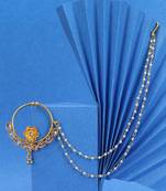 Women 24 ct gold-plated stone-studded with whit pearls chained nose ring