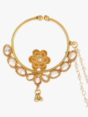 Women 24 ct gold-plated stone-studded with whit pearls chained nose ring 2