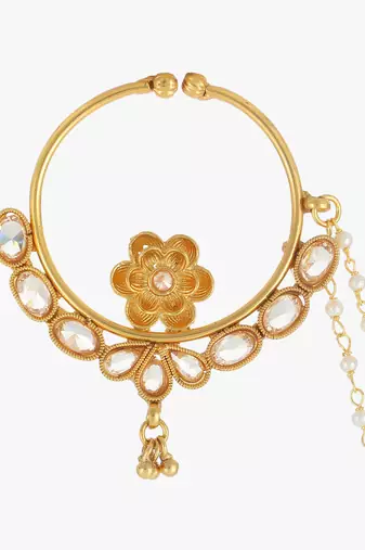 Women 24 ct gold-plated stone-studded with whit pearls chained nose ring
