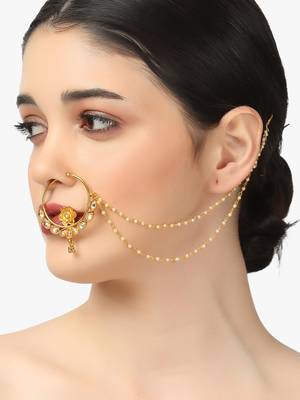 Women 24 ct gold-plated stone-studded with whit pearls chained nose ring 3