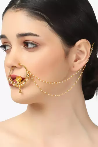 Women 24 ct gold-plated stone-studded with whit pearls chained nose ring