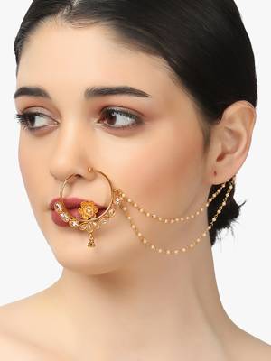 Women 24 ct gold-plated stone-studded with whit pearls chained nose ring 4