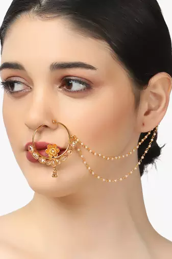 Women 24 ct gold-plated stone-studded with whit pearls chained nose ring
