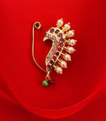 24-ct gold-plated marathi red stone studded nose pin with pearls