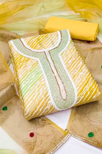 Yellow Premium Jam Cotton Hand Work Dress Material