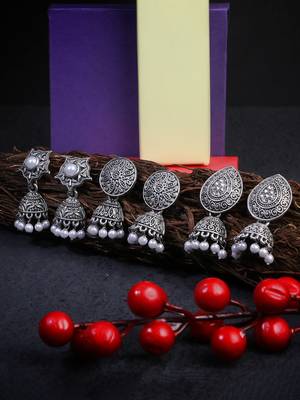 Pack of 3 silver-plated dome shaped jhumkis 1