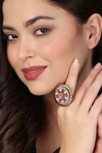 Women 24ct gold-plated stone-studded handcrafted flower finger ring
