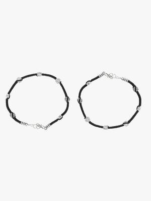 Set of 2 silver-plated black thread handcrafted  flower  anklets 4