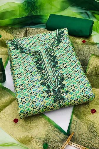 Green Premium Cotton Hand Work  Dress Material
