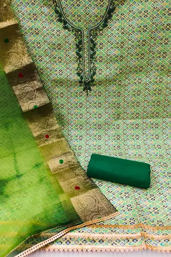 Green Premium Cotton Hand Work  Dress Material