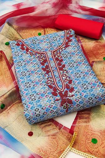 Sky Blue Premium Cotton Hand Work  Dress Material