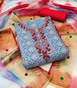 Sky Blue Premium Cotton Hand Work  Dress Material