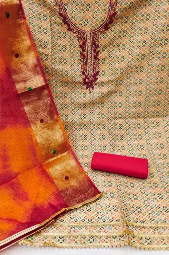 Yellow Premium Cotton Hand Work  Dress Material