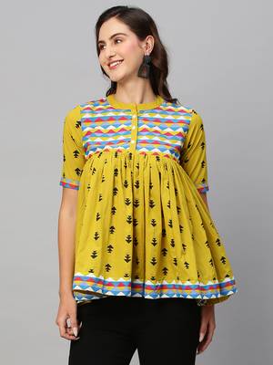 Women Olive Green & Black Pure Cotton Printed A-Line Top 1