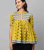 Women Olive Green & Black Pure Cotton Printed A-Line Top