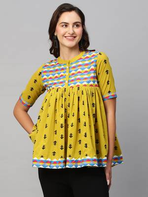 Women Olive Green & Black Pure Cotton Printed A-Line Top 3