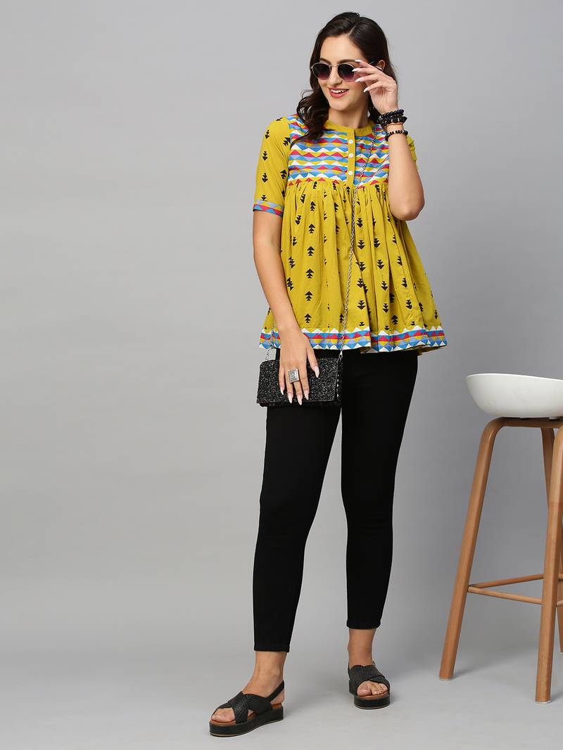 Women Olive Green & Black Pure Cotton Printed A-Line Top