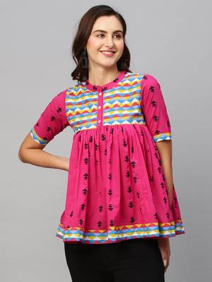 Women Pink & Black Pure Cotton Printed A-Line Top 1